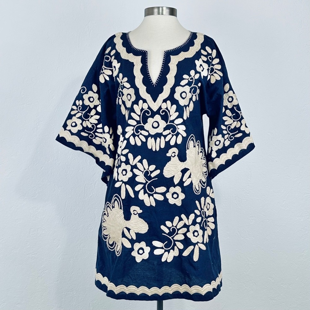 Sister Mary Boho Folk Peacock Tunic Dress Sz Medium Navy Blue Embroidered Kaftan